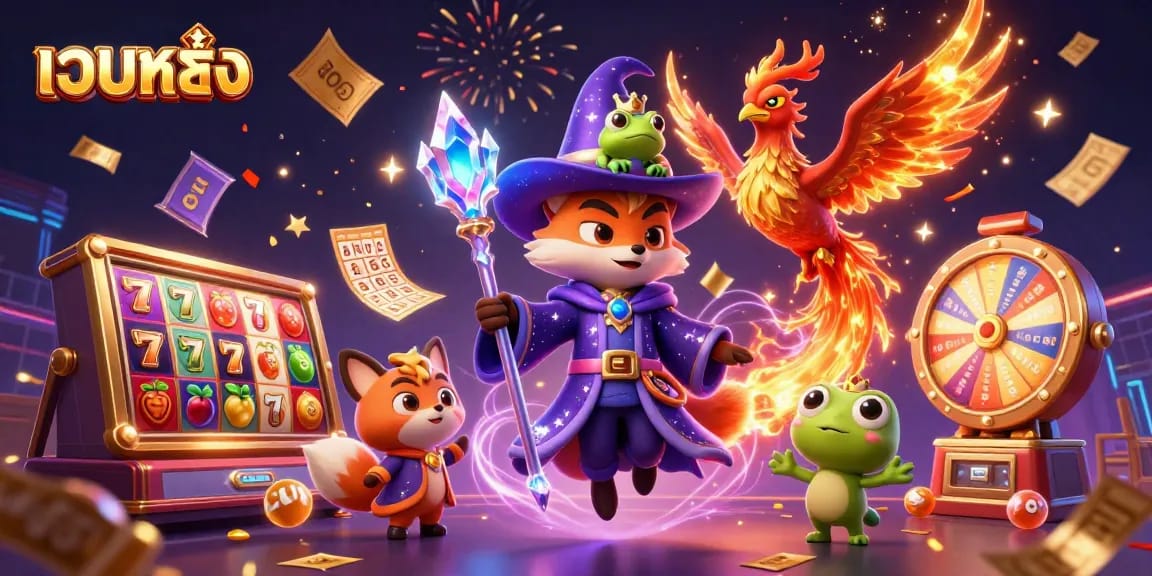 Engaging scene illustrating เว็บตรง with vibrant slot reels, a mystical fox wizard, and a phoenix in a dynamic casino environment.