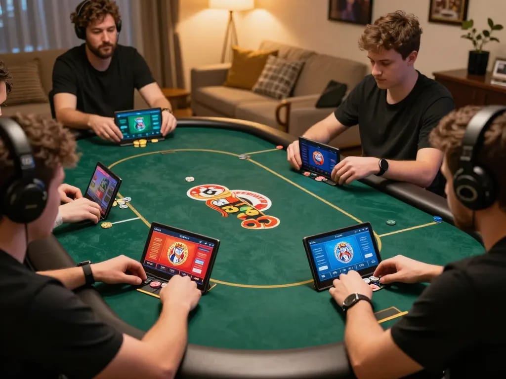 Engaged players using king33 app in a lively online poker game, showcasing competitive atmosphere and strategy.