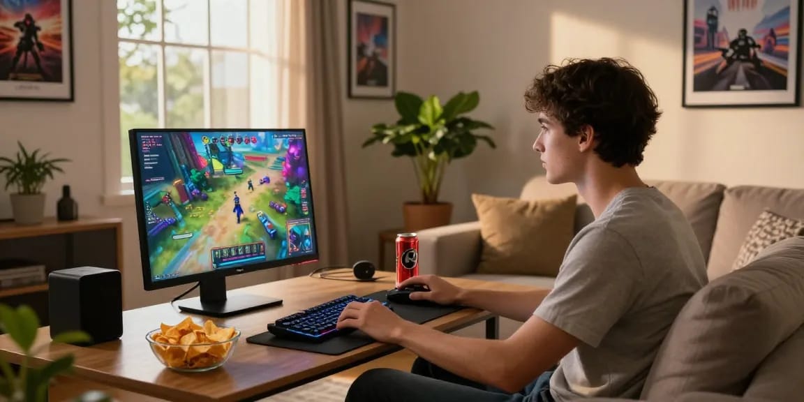 Rajatogel dalam suasana nyaman seorang gamer yang asyik bermain di ruang tamu.