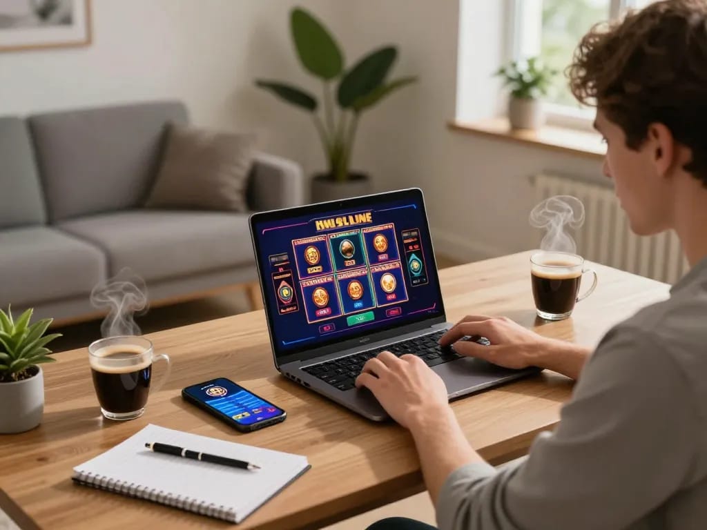 Engaged player enjoying online slots on 555win app from cozy home gaming setup.