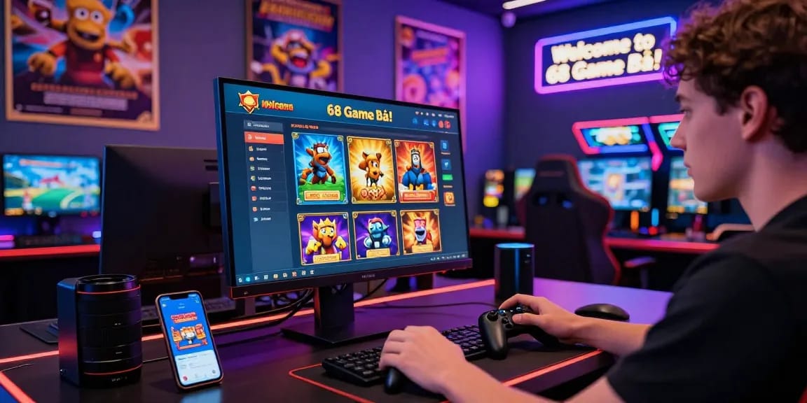 68gamebai online gaming scene with a player engaged at a high-tech gaming desk, immersive atmosphere, vibrant neon lights.