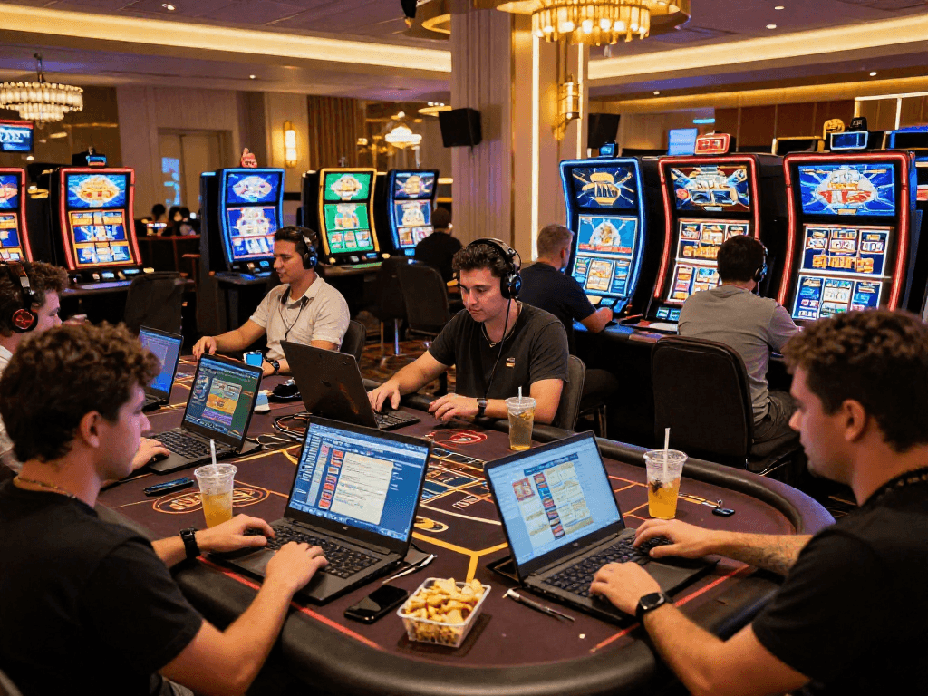 Experience the thrill of USA online casinos with diverse players enjoying games on modern devices and vibrant atmosphere