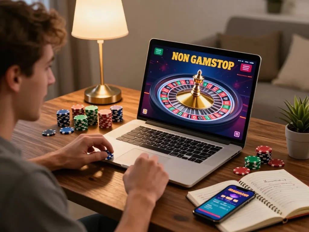 Player enjoying non gamstop roulette game on laptop with colorful chips stacked in front.