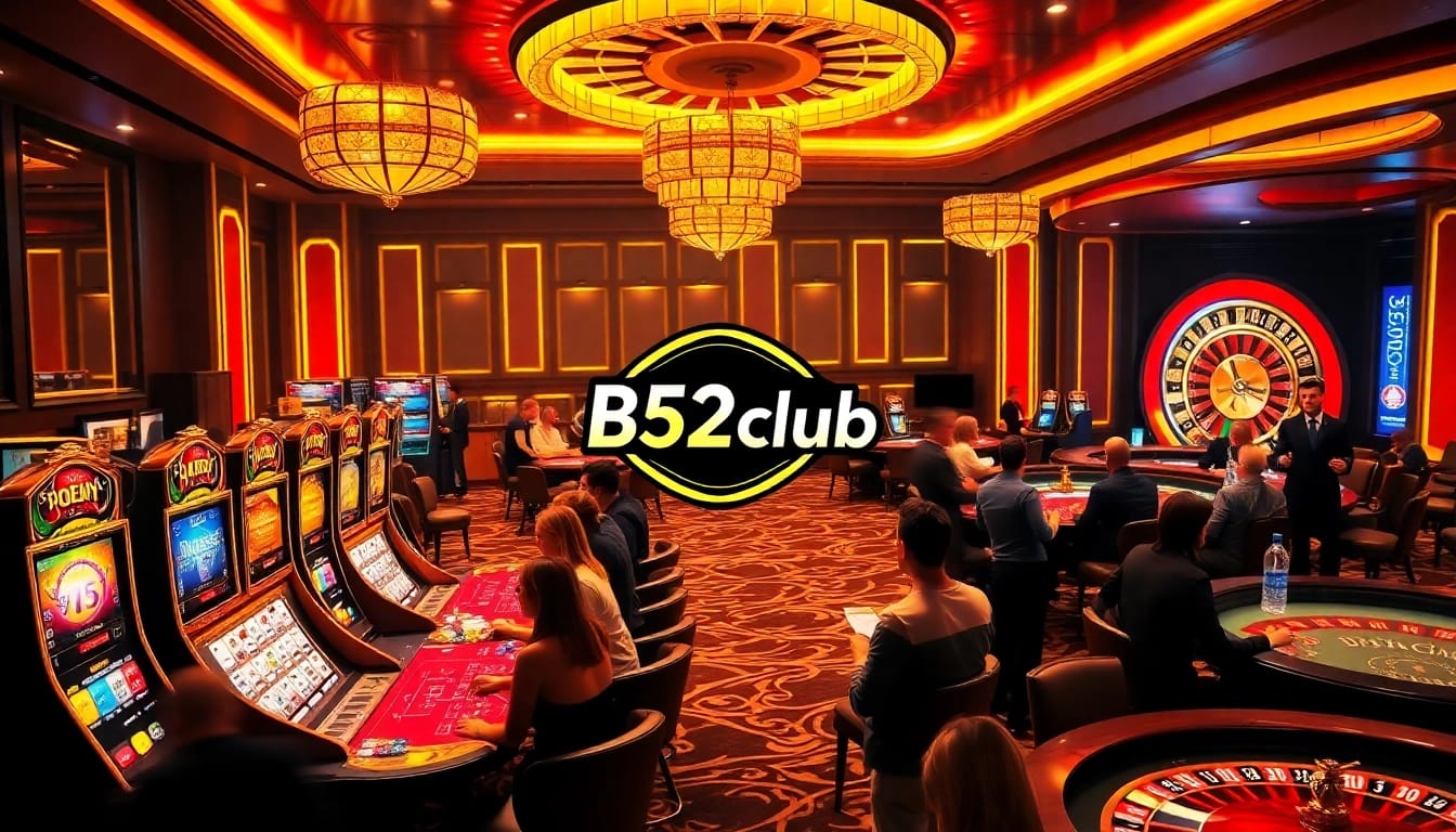 B52club players enjoying high-stakes poker and roulette in a luxurious casino environment.