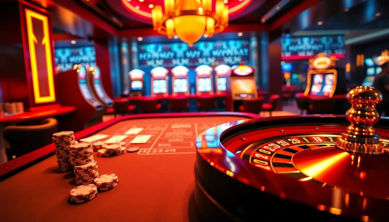 Exciting game action at 8day casino featuring vibrant tables, roulette, and slot machines.