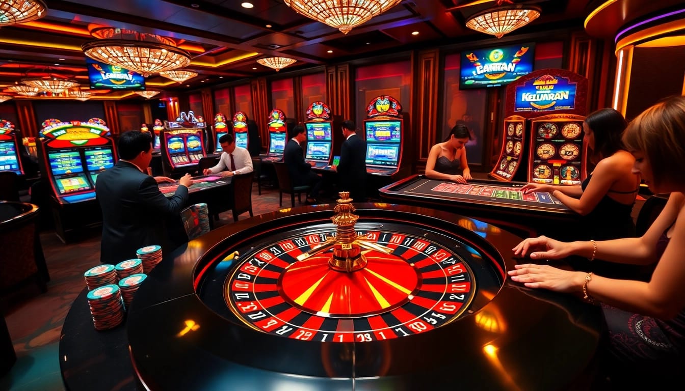 Keluaran HK displayed on a vibrant online gaming interface, featuring players at a casino table.