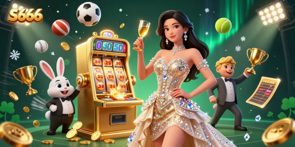 S666 Casino showcases an elegant woman toasting beside a golden jackpot slot machine amidst vibrant gaming elements.