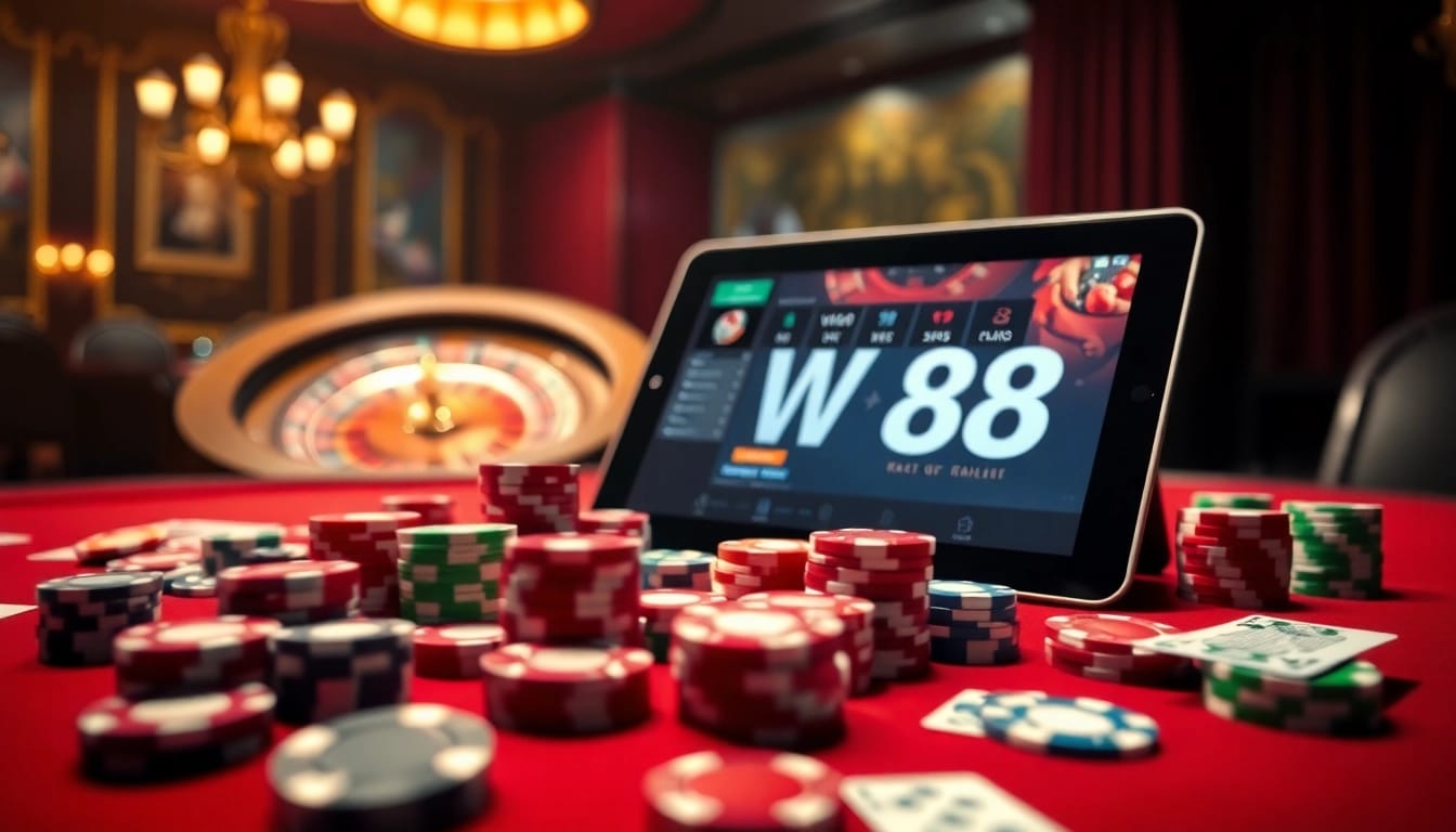 WW88 casino scene featuring poker chips and a roulette wheel in a luxurious setup.