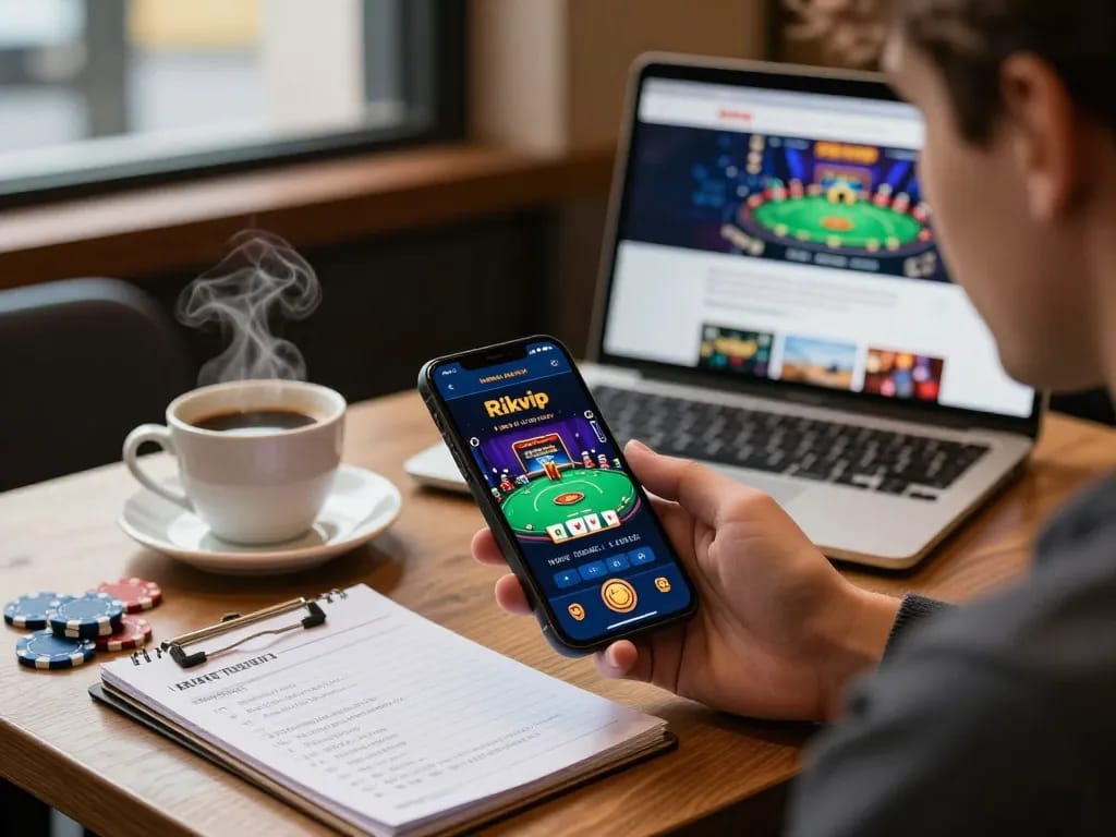 Engaging gameplay on the Rikvip app, showcasing a mobile poker experience in a cozy coffee shop.