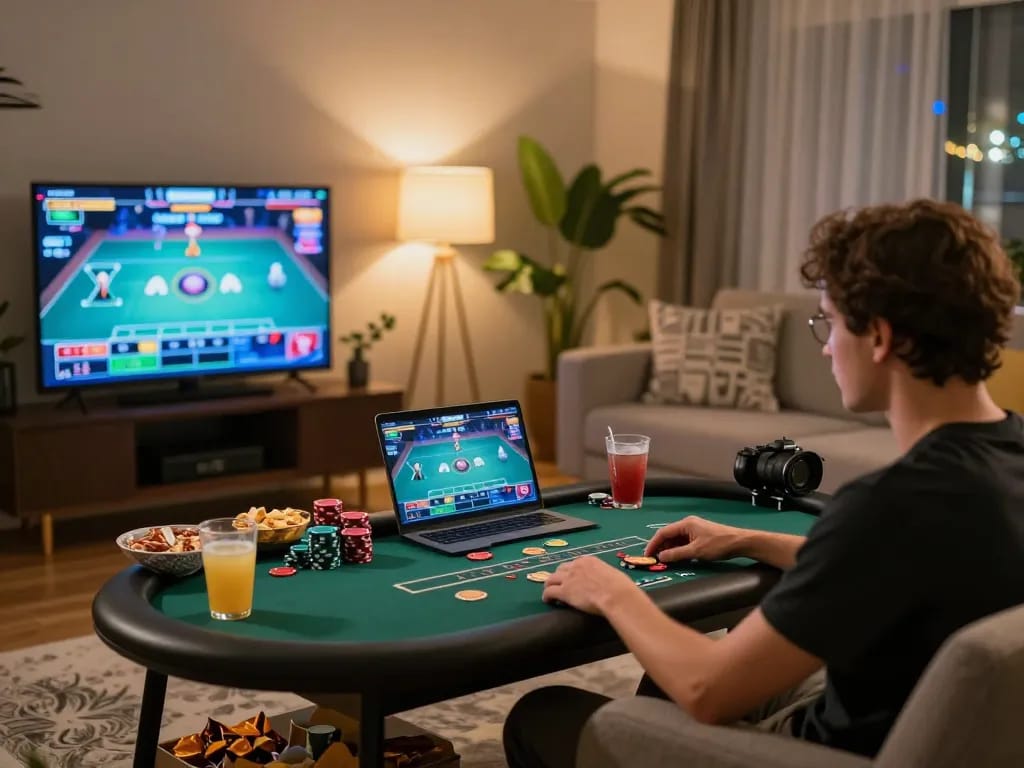 Player engaging in online poker at home with dacsandatphanrang.com on screen, showcasing interactive gaming experience