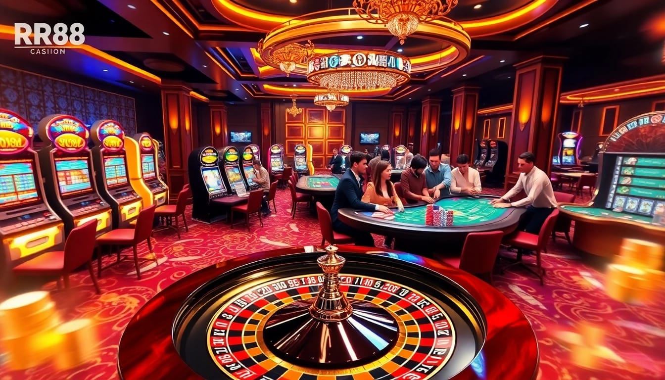 Players enjoying thrilling games at RR88's luxurious casino floor with vibrant slots and poker tables.
