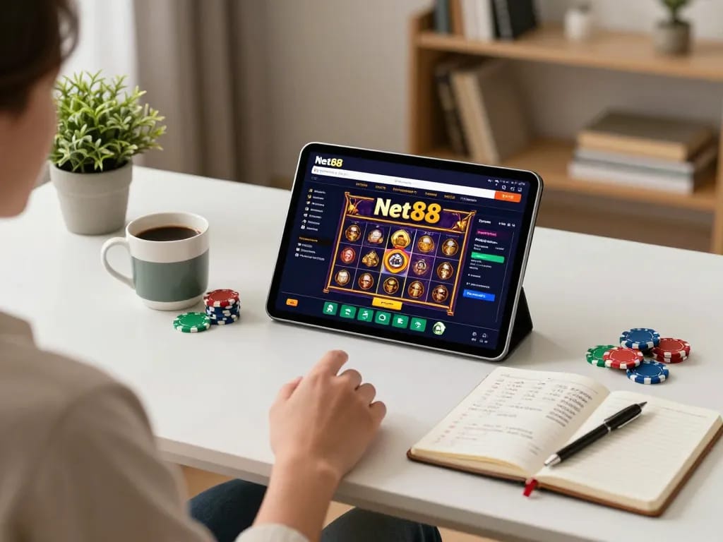 Person engaging with the net88 casino app on a tablet, showcasing vibrant game interfaces in a cozy home setting.