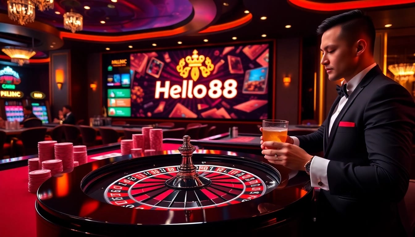 Experience the excitement of Helloo88 with vibrant casino visuals, showcasing roulette and poker action.