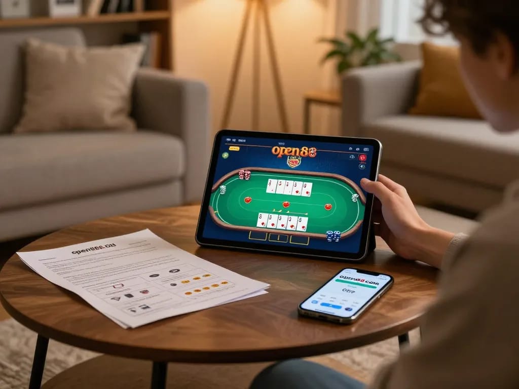 Engaging in online poker with the open88 com app in a cozy living room for a strategic gaming experience.