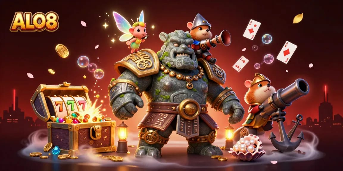 Experience ALO8's thrilling atmosphere with golem guardian, sparkling magic, and vibrant slot reels action.