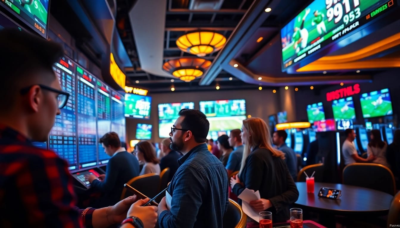 Engaged individuals enjoying Sports Betting while placing wagers at a lively sportsbook.