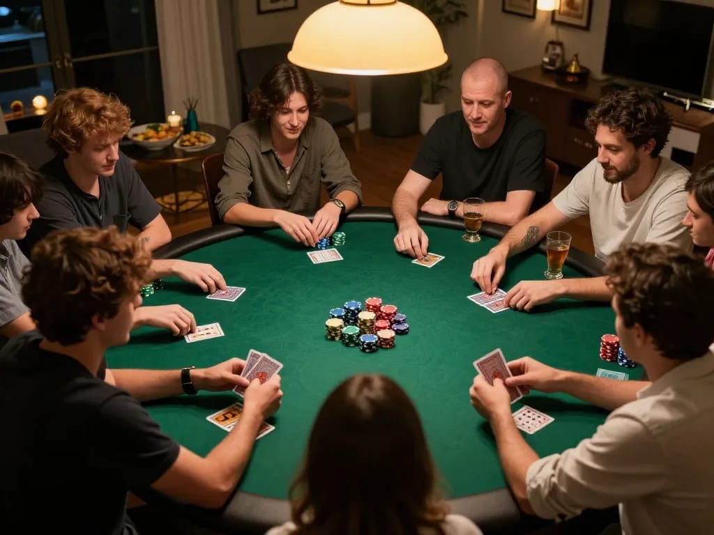 Players engaging in a strategic poker game at home, highlighting 388bet's social gambling moments