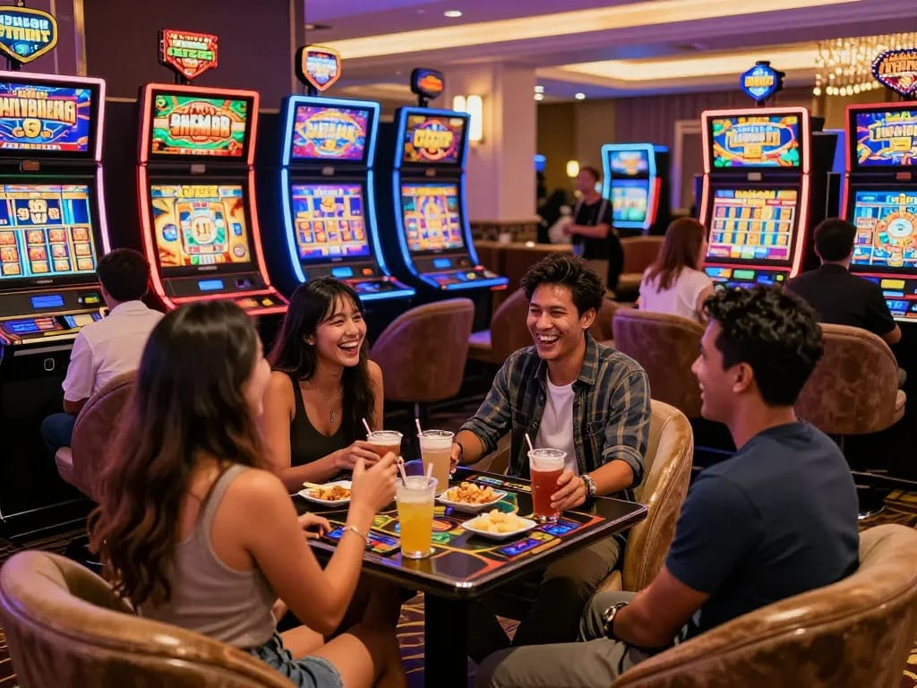 Keberadaan kasino yang menarik dengan teman-teman bermain mesin slot situs di lounge yang penuh warna.