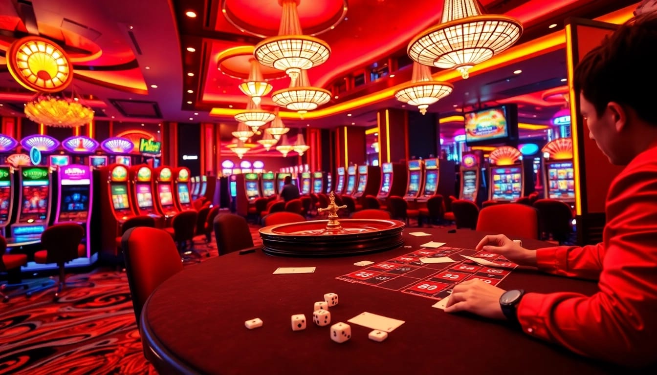 Experience the thrill of bem88 with vibrant casino scenes featuring professionals at poker tables and exciting slot machines.