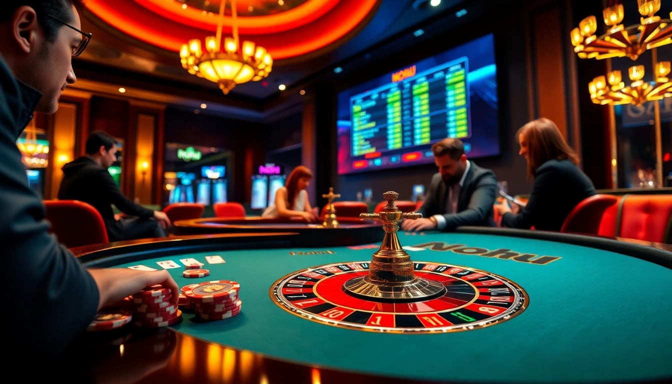 Nohu casino players enjoying high-stakes gaming with vibrant poker chips and a roulette wheel.
