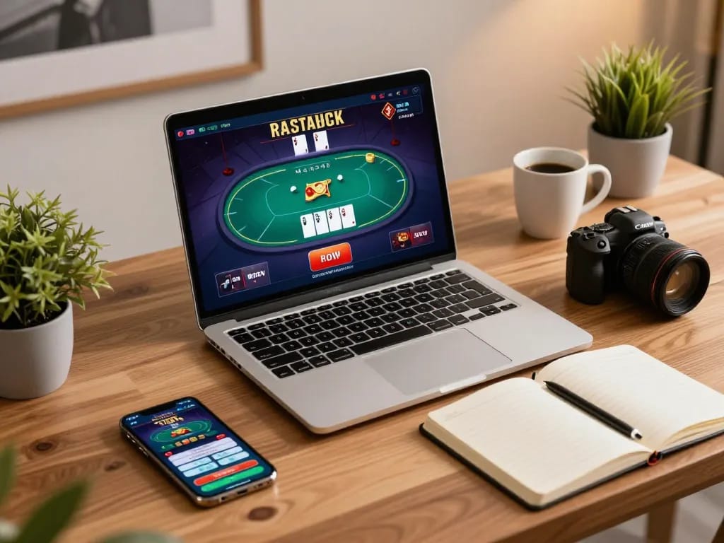 Engaged user playing BK8 online poker on a modern laptop in a cozy home setting.