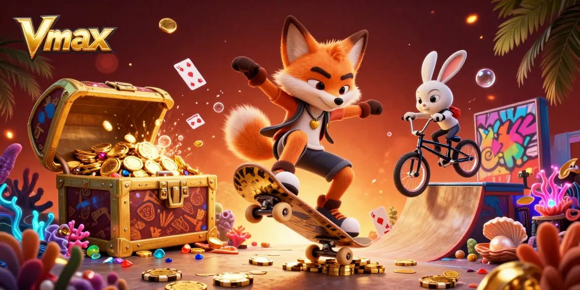 Vmax casino illustration featuring a skateboarder fox and BMX rabbit amidst vibrant gaming symbols and treasures.