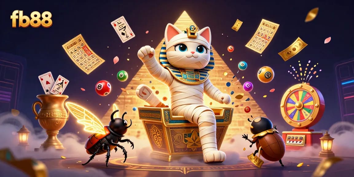 Win big at fb88 with the Egyptian mummy cat in a vibrant casino adventure scene.
