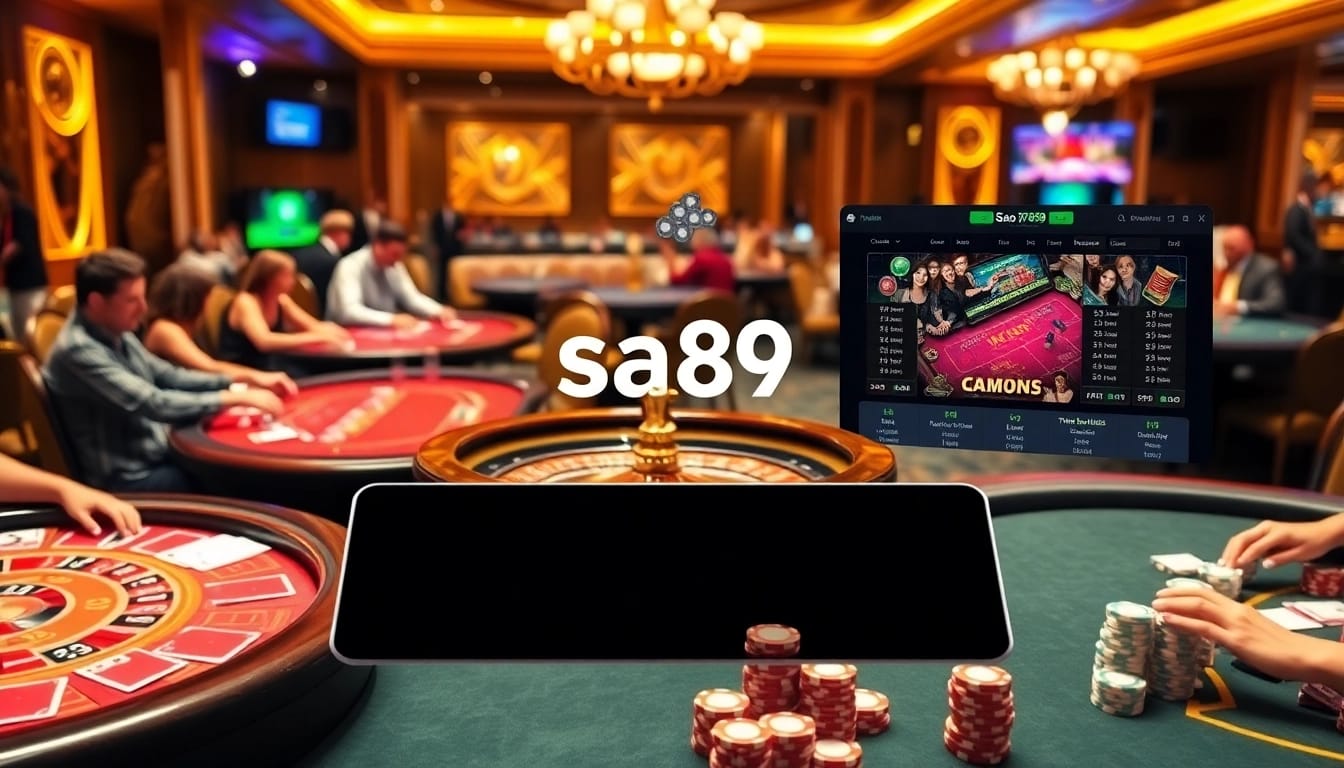 Sao789 players engage in a thrilling casino atmosphere with vibrant poker and blackjack tables.