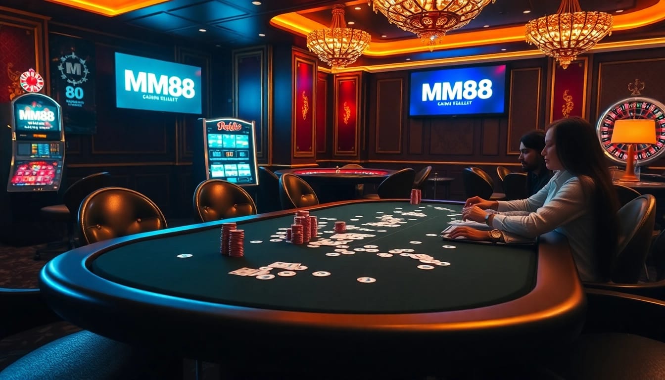 MM88 players enjoying a thrilling poker game at an upscale casino table.