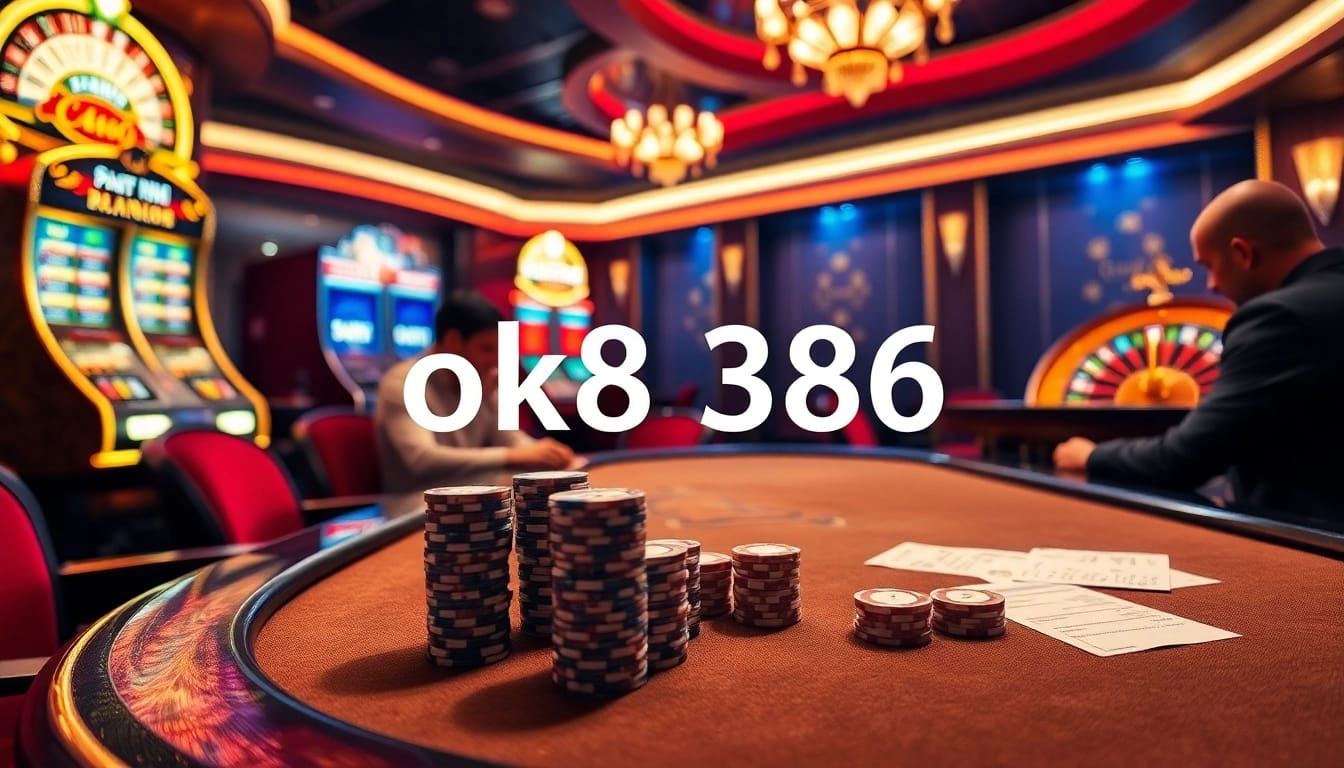 Intense poker action at an elegant casino with ok8386-themed decor and vibrant lighting.