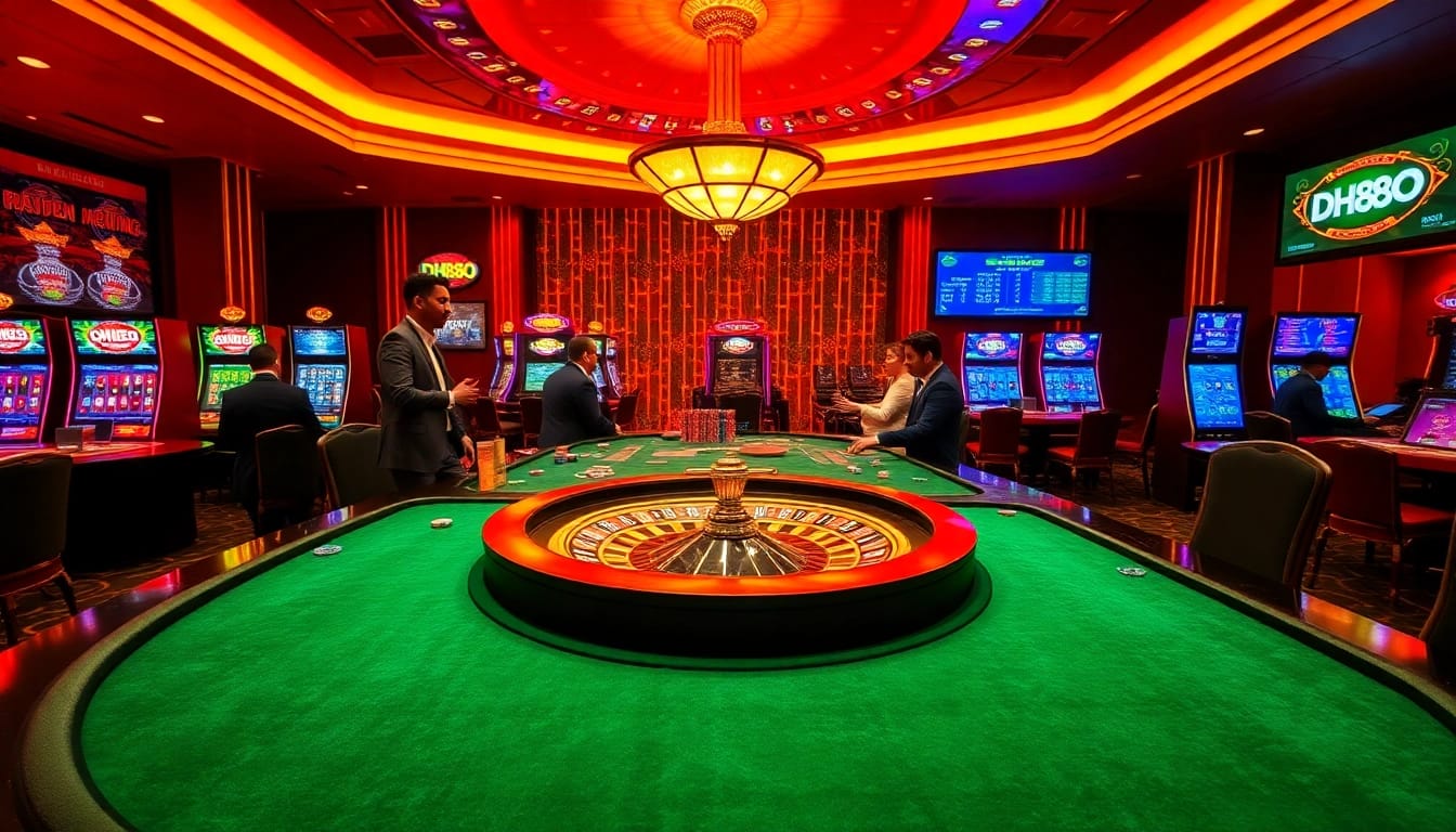 Dive into the thrilling gameplay experience at DH88, featuring vibrant casino elements like poker chips and roulette wheels.