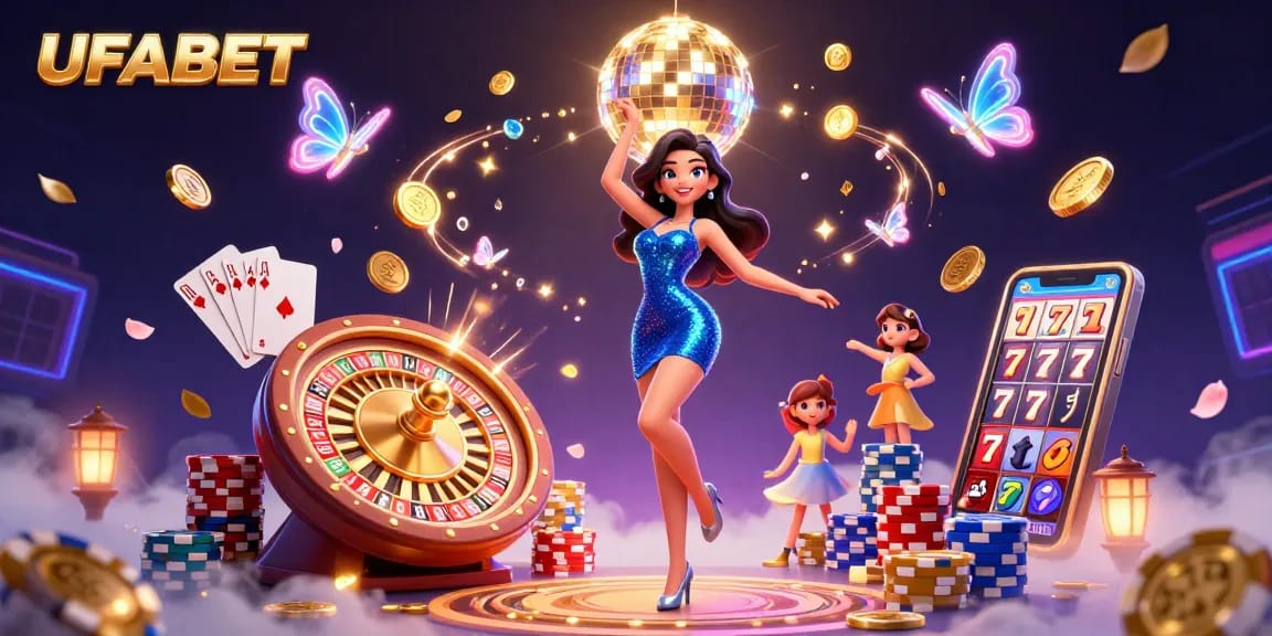 Experience thrilling wins at UFABET with an electrifying 3D casino scene, featuring dynamic characters and vibrant elements.