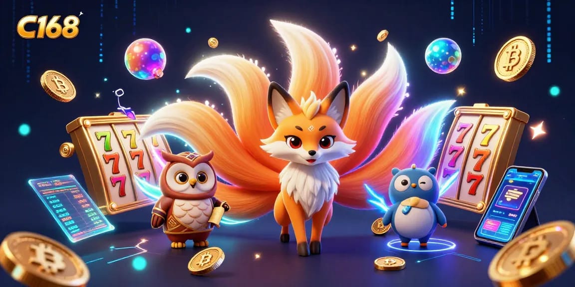 C168 showcases a lively online casino scene featuring a nine-tailed fox spirit and golden slot reels, highlighting vibrant gaming excitement.