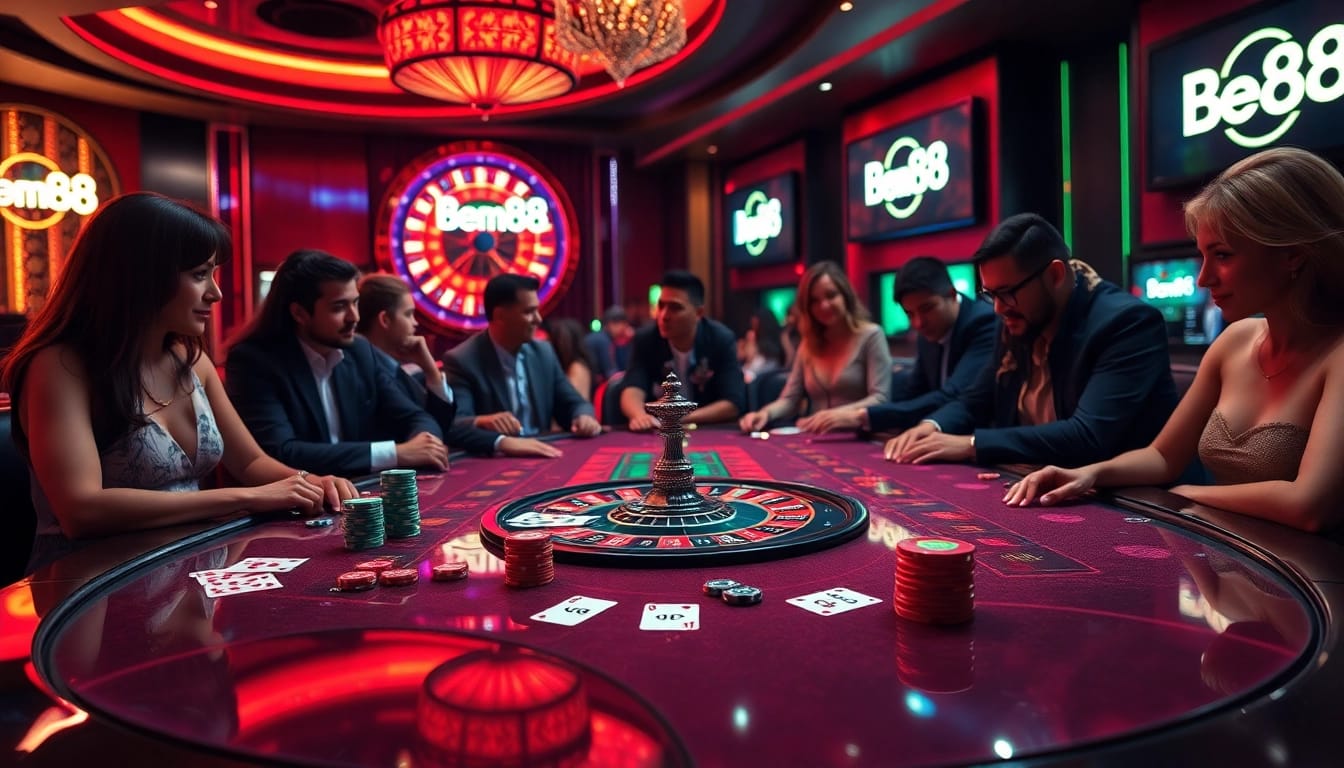 Players engaging in thrilling casino games at Bem88 with vibrant poker chips and cards.