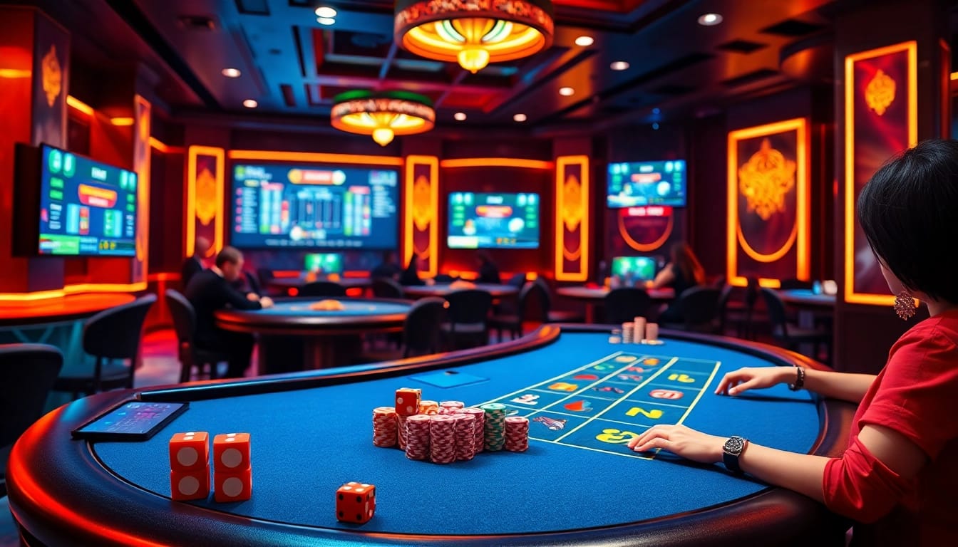 Players engaging in excitement at Tài Xỉu MD5 tables highlighted by vibrant casino elements for a thrilling experience.