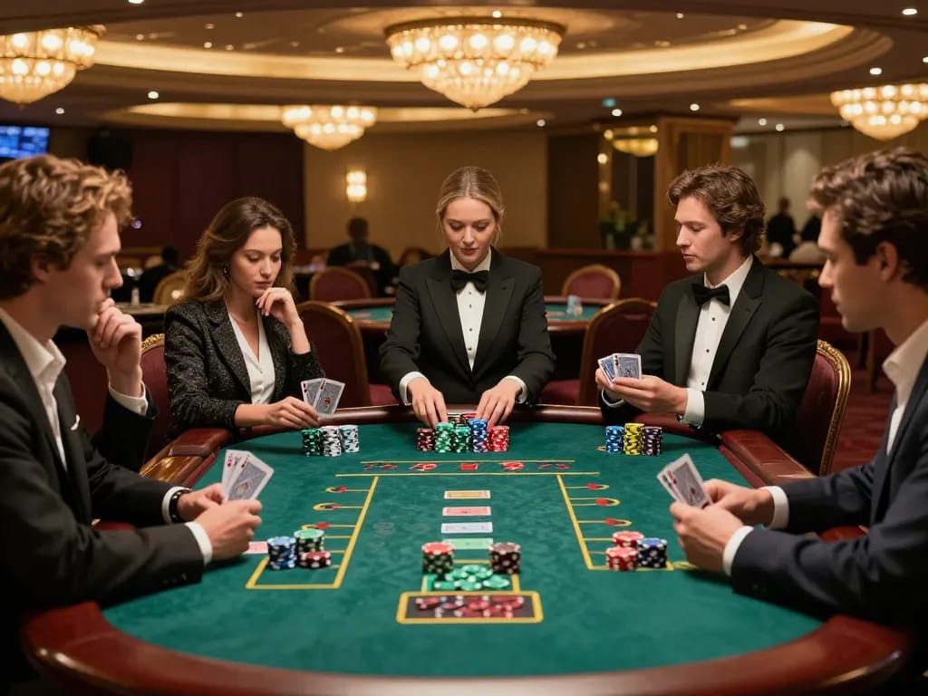 Players at a blackjack table strategizing their moves, embodying the thrill of 5679 and casino gameplay.