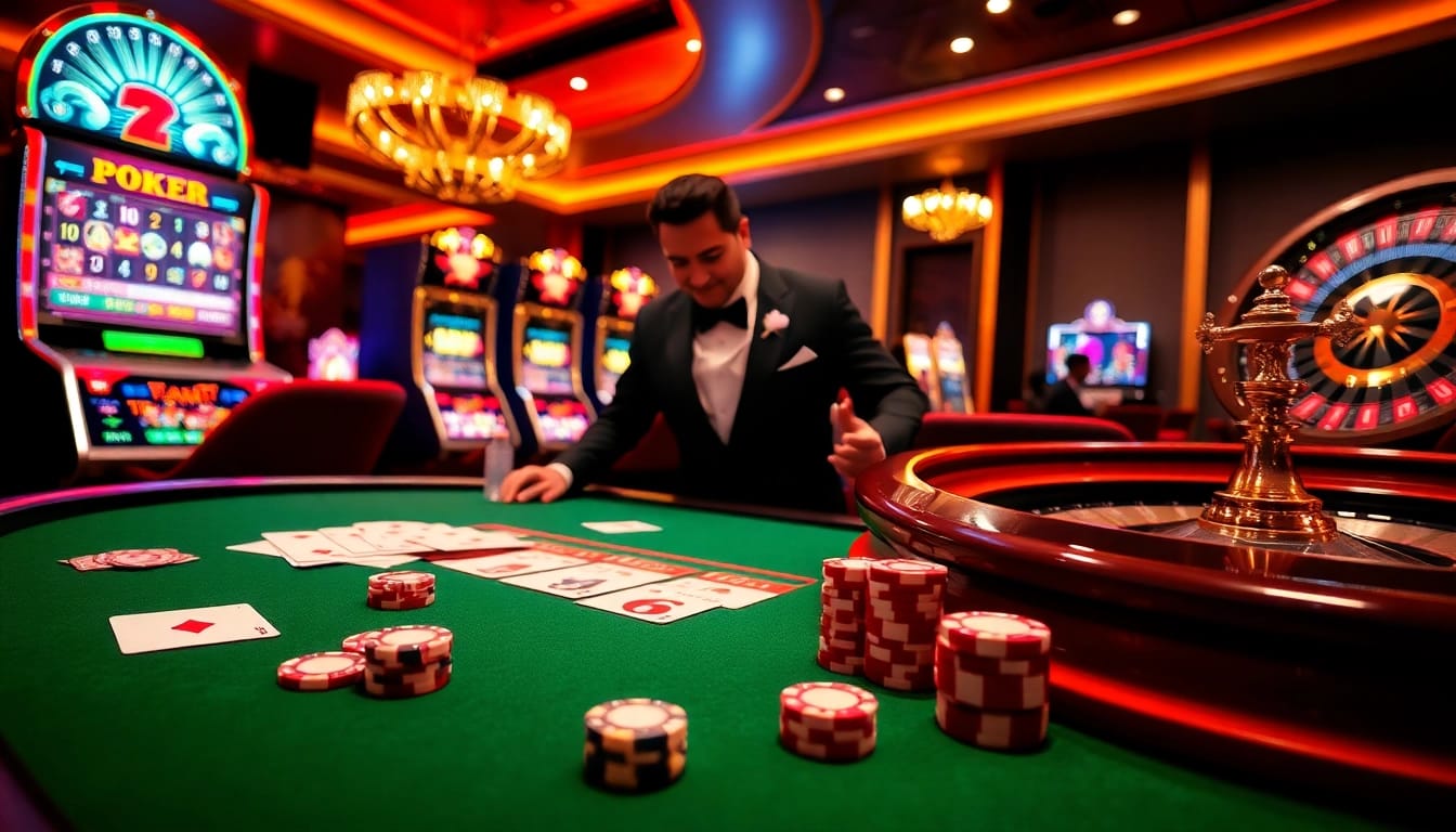 Experience the thrilling atmosphere at Fb68 with a vibrant casino scene featuring a poker table and slot machines.