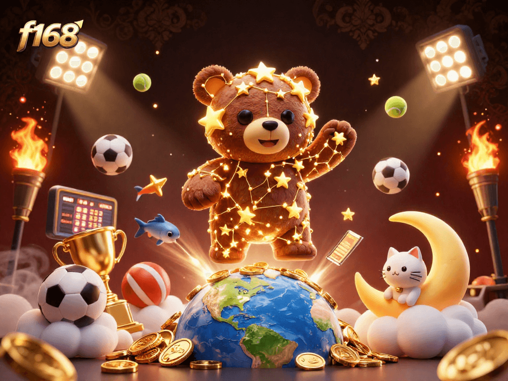 Experience thrilling wins at f168 with a dynamic 3D casino illustration showcasing excitement and game elements.