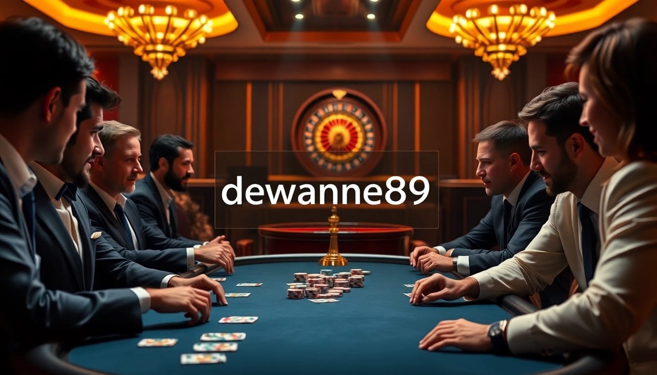 Pemain Dewanaga89 berinteraksi dengan chip poker bernilai tinggi dan kartu dalam suasana kasino yang mewah.