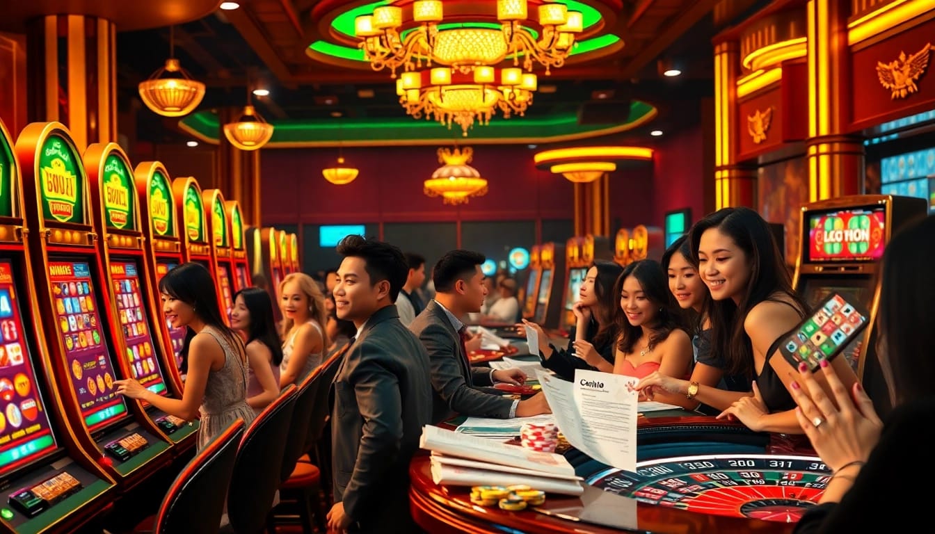 Engaging scene of gamblers at 슬롯사이트 with vibrant slot machines and casino ambiance.