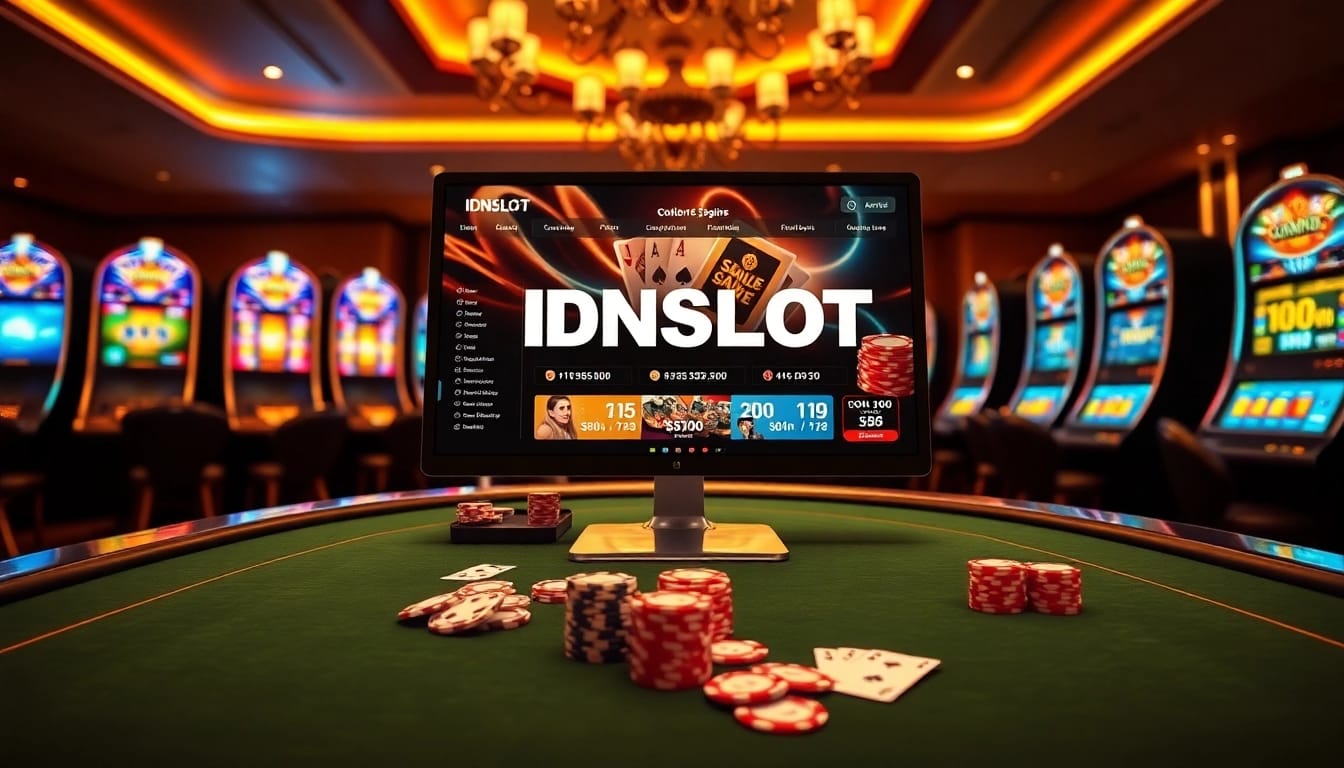 Engaging IDNSLOT online gambling scene with casino tables and vibrant slot machines.