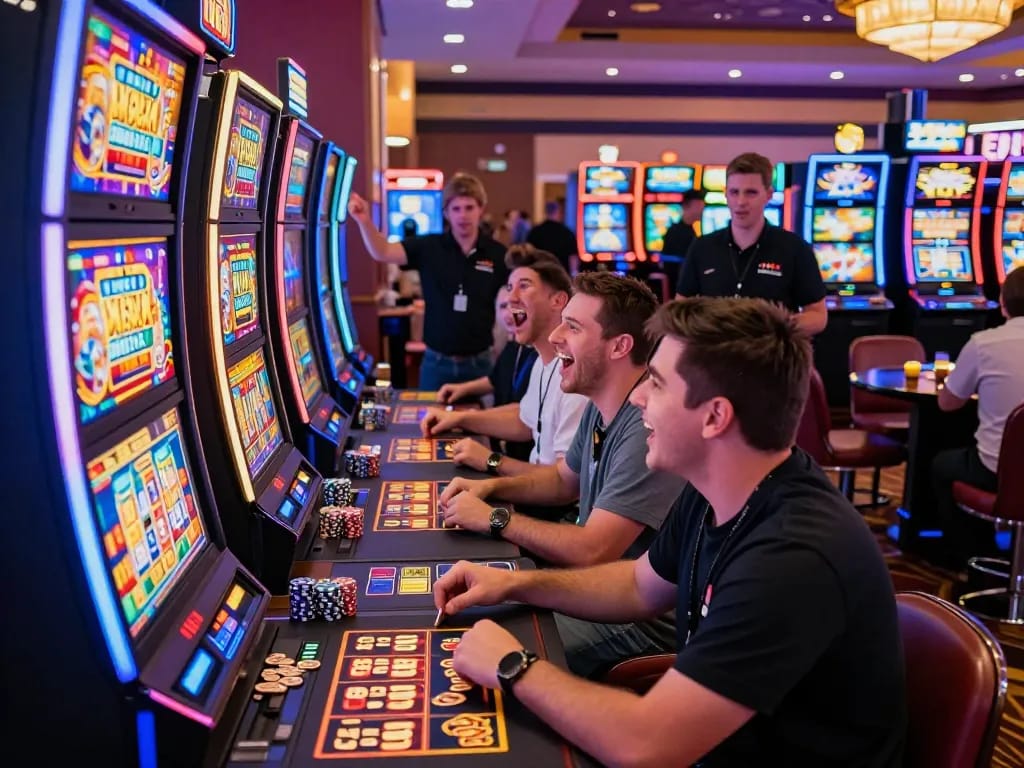 Exciting casino scene with players at a link slot machine celebrating wins and enjoying the vibrant atmosphere