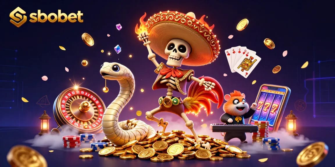 Sbobet sports betting scene with a jubilant mariachi rooster, mummy snake, and DJ hamster amidst dynamic casino elements.