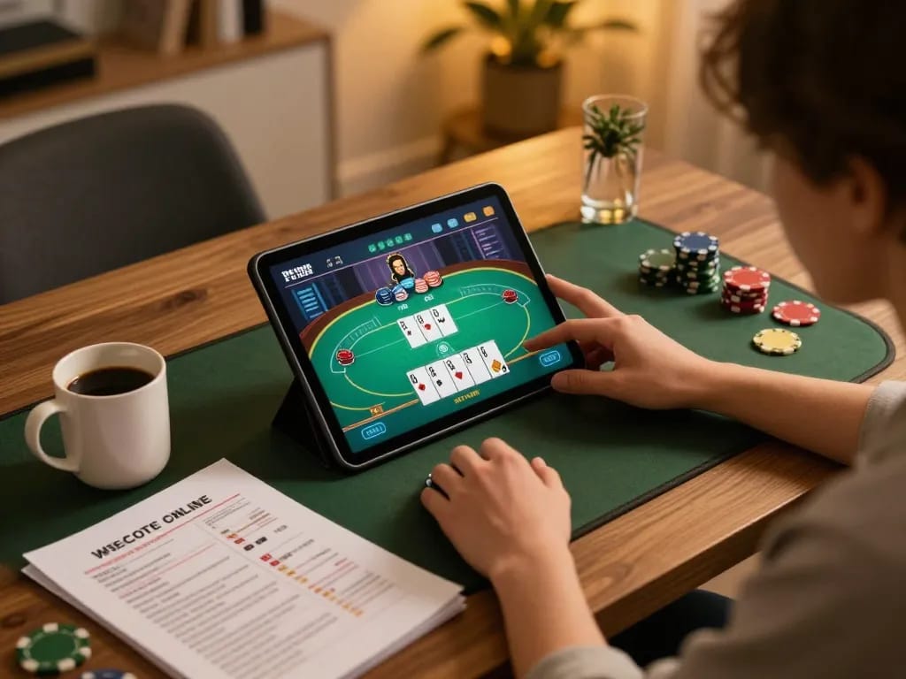 Hướng dẫn vào link KO66 khi bị chặn with a person using a tablet for online casino gaming at home.