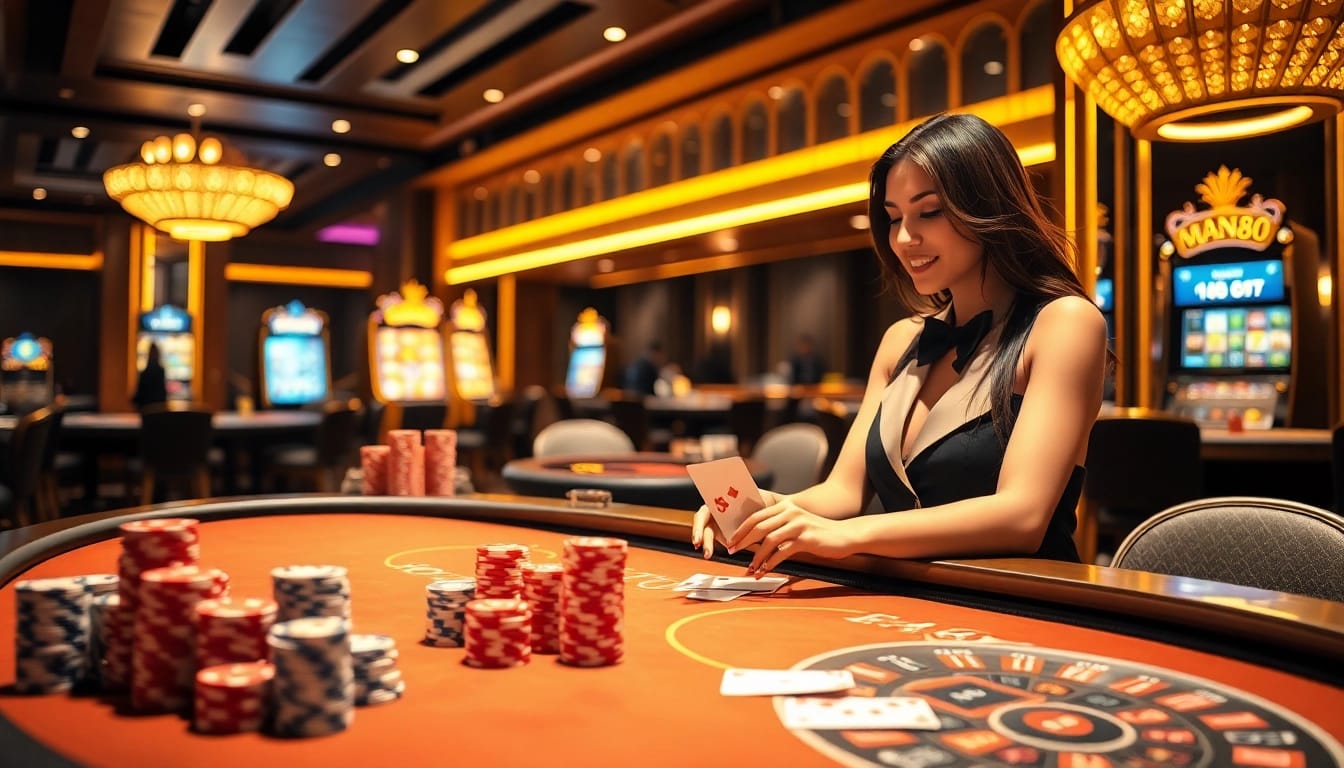 Experience the thrilling atmosphere of Man88 casino, featuring poker, roulette, and slot machines.