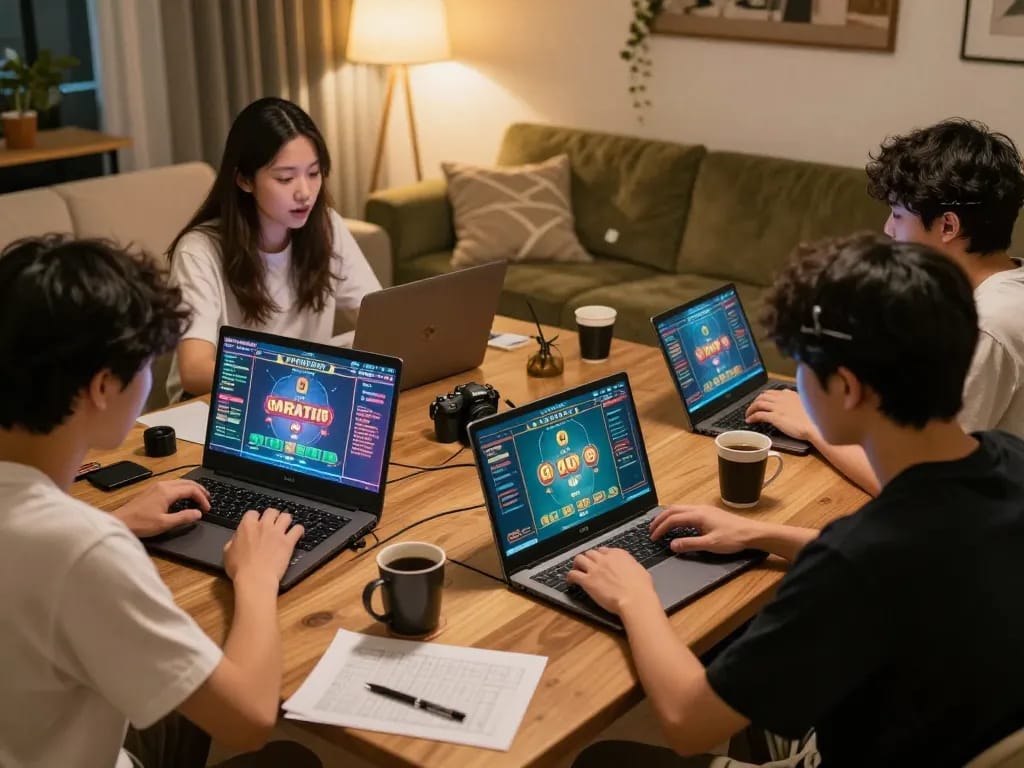 Players engaging in strategic macantogel online gameplay in a cozy home setting with laptops and notes.