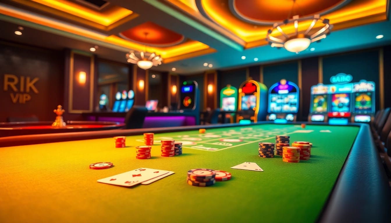 Experience the excitement of RIK VIP at a luxurious casino table with vibrant poker chips and gaming action.