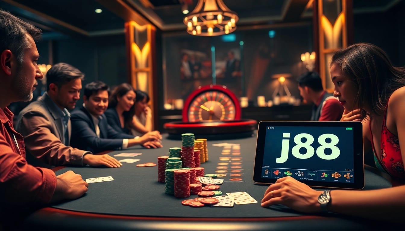 Experience high-stakes gambling action at a j88 poker table in a luxurious casino setting.