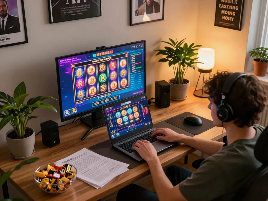 Engaging online gaming scene at king33 with player enjoying slots interface, cozy and strategic setup.
