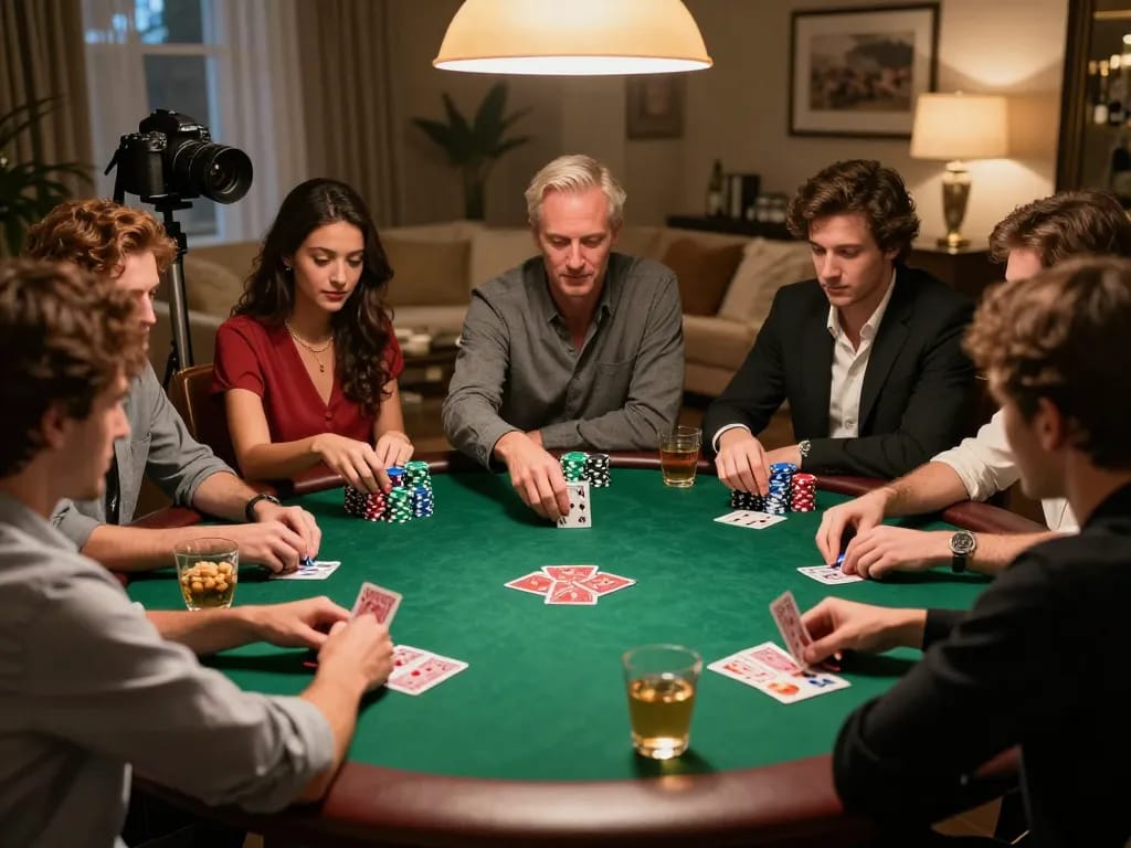 Experience the excitement of tg88 poker night with friends as they strategize and engage over a green felt table.